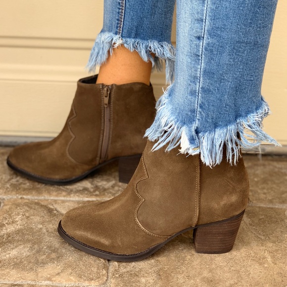 Khaki Genuine Leather Distressed Ankle Bootie - Picture 3 of 4